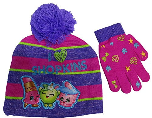 4013 Shopkins Girls Purple I Love Shopkins Cuffed Hat and Gloves Set Size 4-14
