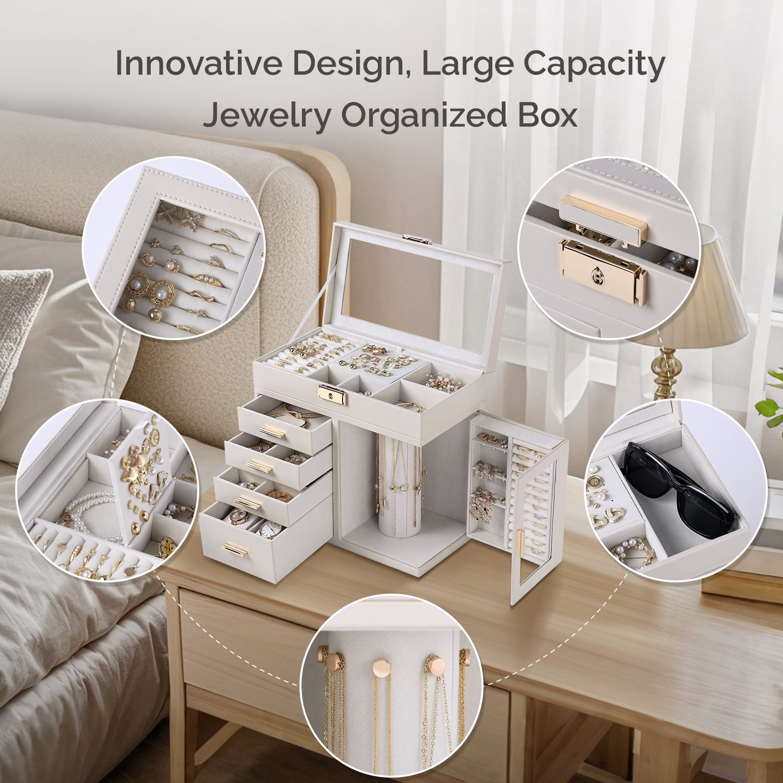 Casegrace 5-Tier Huge Jewelry Organizer with 4 Drawers, Clear Window Flip Lid Jewelry Box, Rotating Column Necklace Storage Case, Clear Open-door Standing Holder for Earrings, Rings