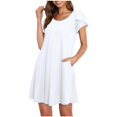 thumbnail image 4 of SHOPESSA Women's Round Neck Petal Short Sleeve With Pocket Ruffle Hem Tunic Dress White Dresses for Women, 4 of 5