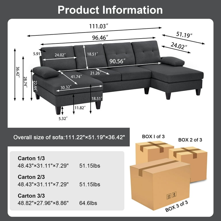 ゆゆ Pingliang U-Shaped Sectional Sofa, 4 Seat, Linen Fabric