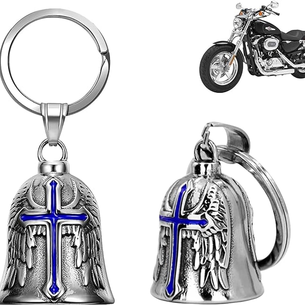 Porte-clés + Collier Punk Style Moto – Pendentif Ailes Et Croix, Argenté, Alliage Zinc, Longueur Chaîne 60 Cm