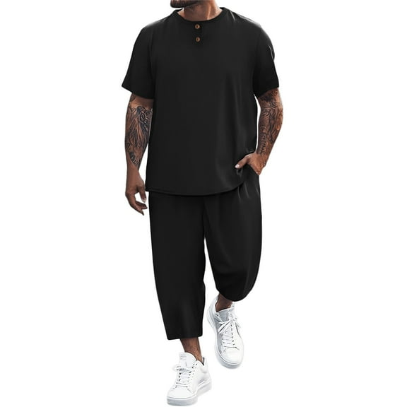 JIKNTTR Men's Summer Beach Outfits Mens Linen Sets 2 Piece Leisure Short Sleeve T Shirt And Shorts Set Athletic Tracksuit Set