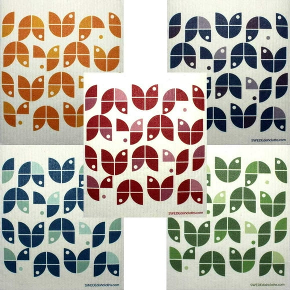 SWEDEdishcloths - Linges à Vaisselle en Éponge de Cellulose - Ensemble Mixte de 5 (un de Chaque Design) Linges à Vaisselle Suédois à Fleurs Géométriques