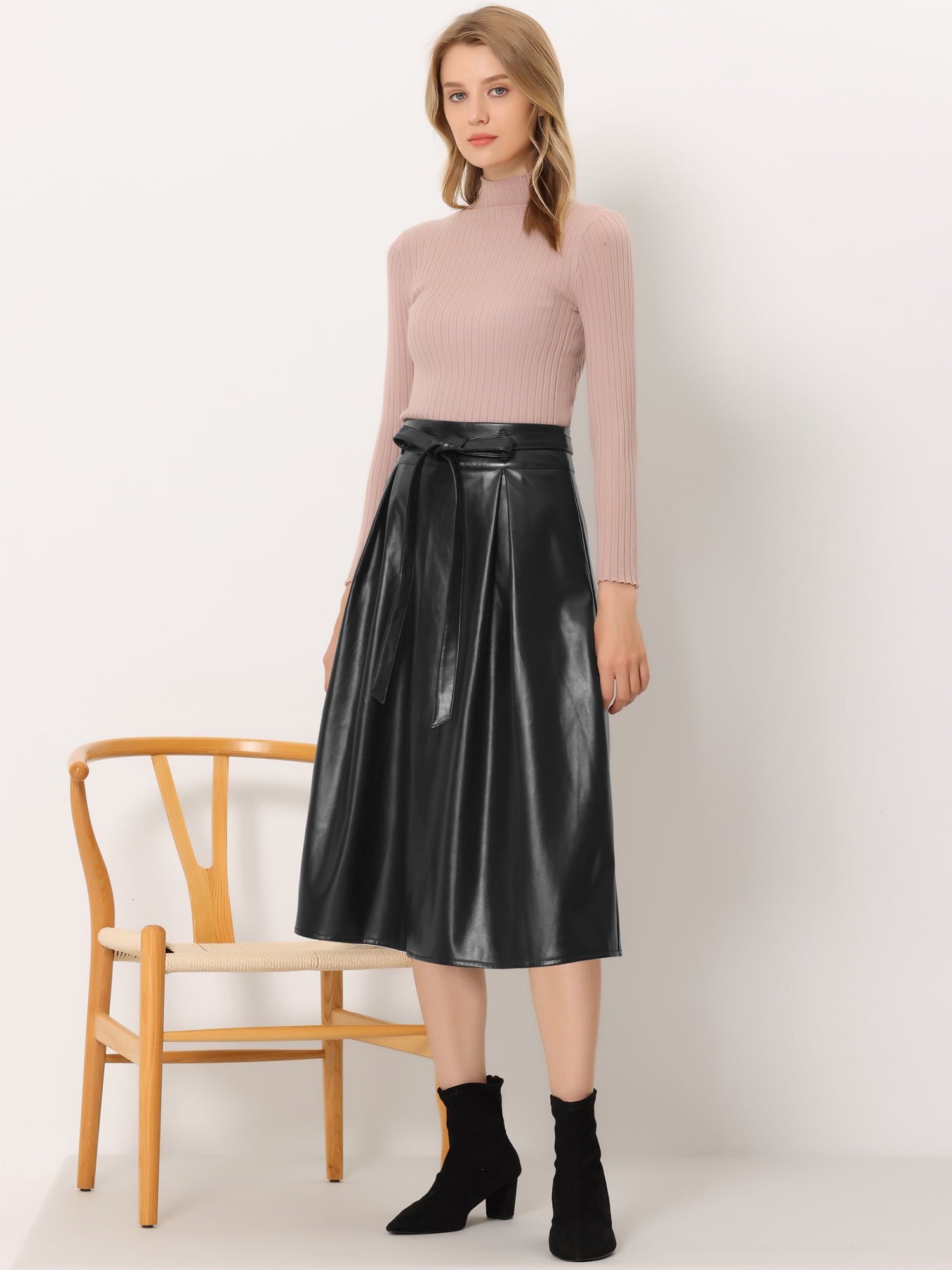 Unique Bargains Women's Faux Leather Elastic Tie Waist A-Line Elegant Midi Skirts S Black