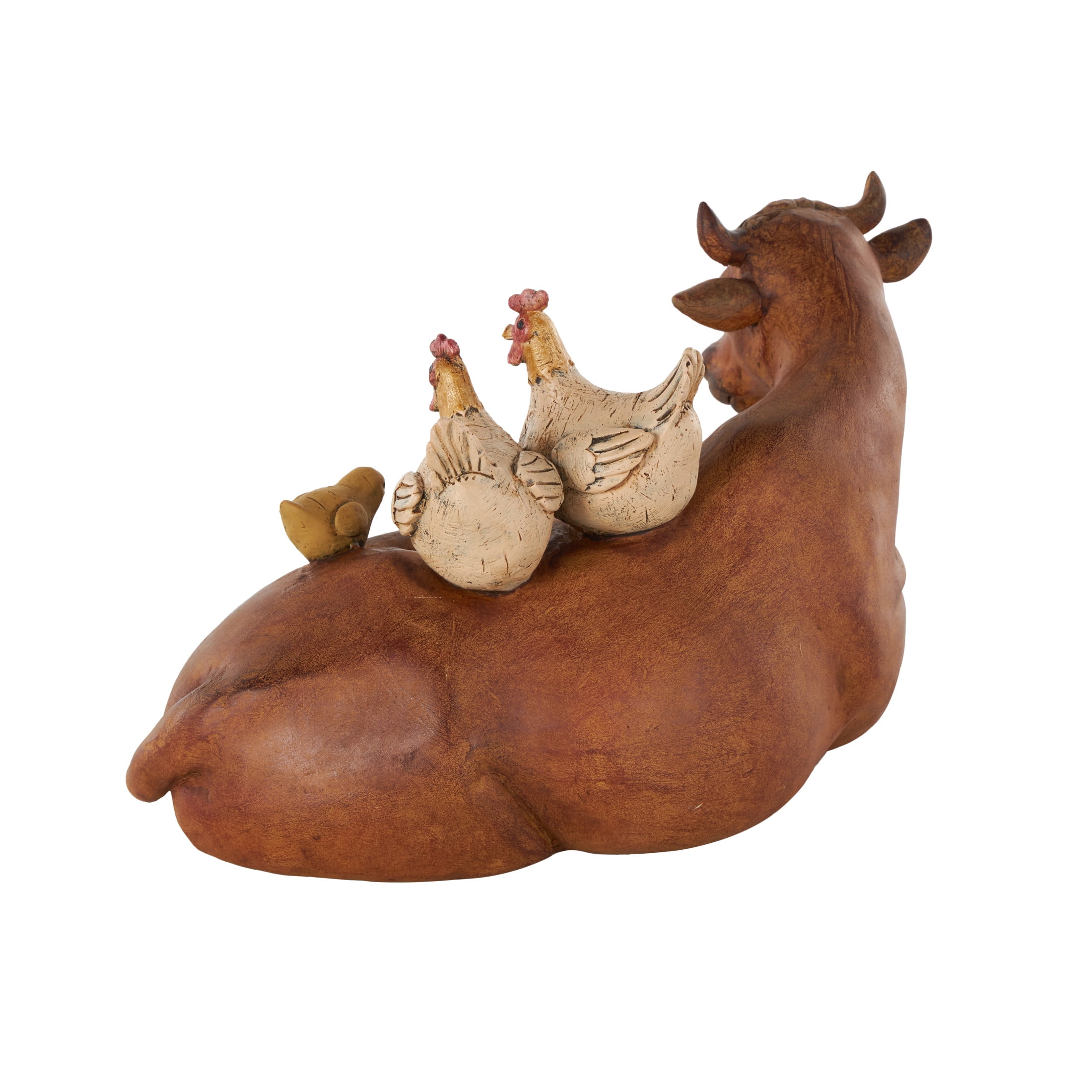 12" x 7" Copper Polystone Cow Sculpture with Sitting Roosters and Chicks, by DecMode