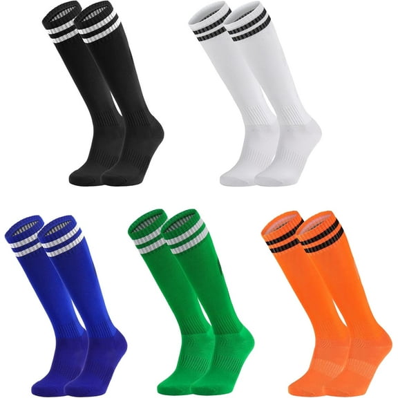 JIANFANG 5 Pairs Kids Soccer Socks Youth Knee High Striped Tube Football Baseball Socks for Boys Girls 6-12 Years Old