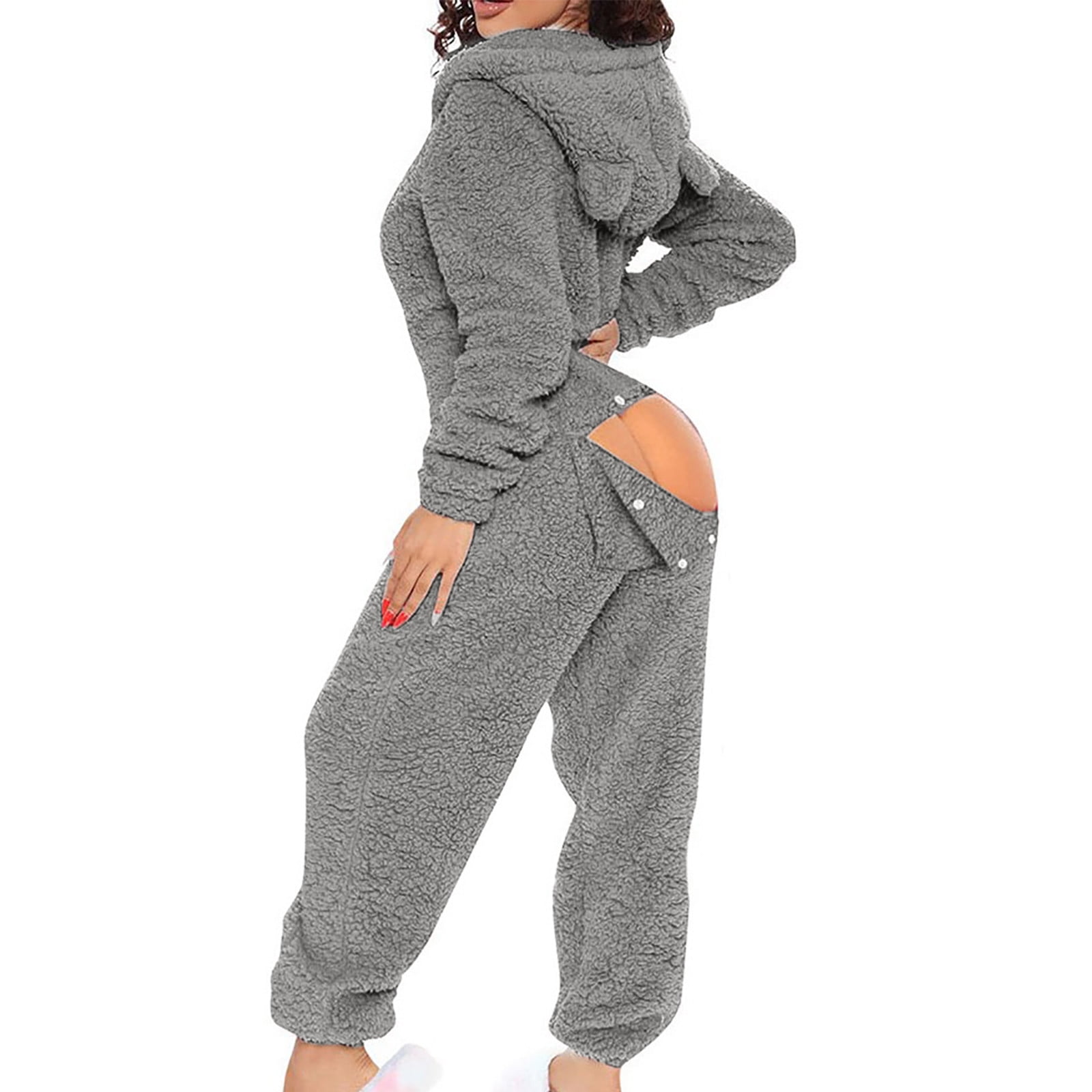 zanvin Womens Winter Jumpsuit Pajamas Buttoned Flap Adults Jumpsuit Sleepwear Sexy Button Down V Neck Romper Pjs Gray XXL