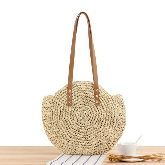 Bolso de hombro de paja para mujer, bolsa de playa hecha a mano, redonda, grande, ahuecada, Simple y a la moda