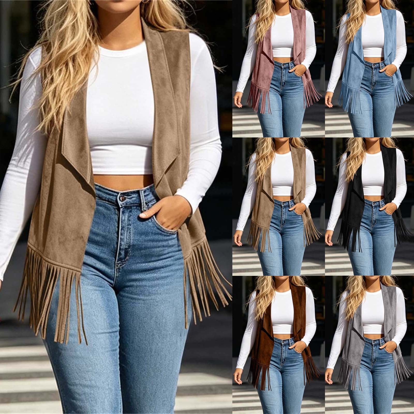 Feancey Sleeveless Cardigans for Women Fringe Trim Suede Vest Hippie Open Front Tassel Waistcoat Cowgirl Western Cardigan Vest Country Concert Outfits Pink M