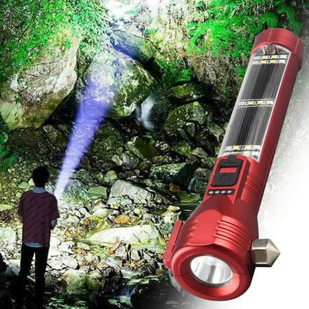 Solar LED USB Flashlight USB Charging Car Strong Light Hammer Flashlight,Multi-Function Torch Tool with Window Breaker Seat Belt Cutter Compass