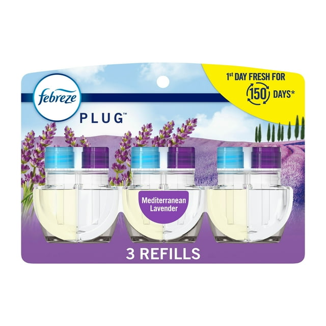 Febreze Plug In Air Freshener, Odor-Fighting Scented Oil Refill, Mediterranean Lavender, 3 Refills