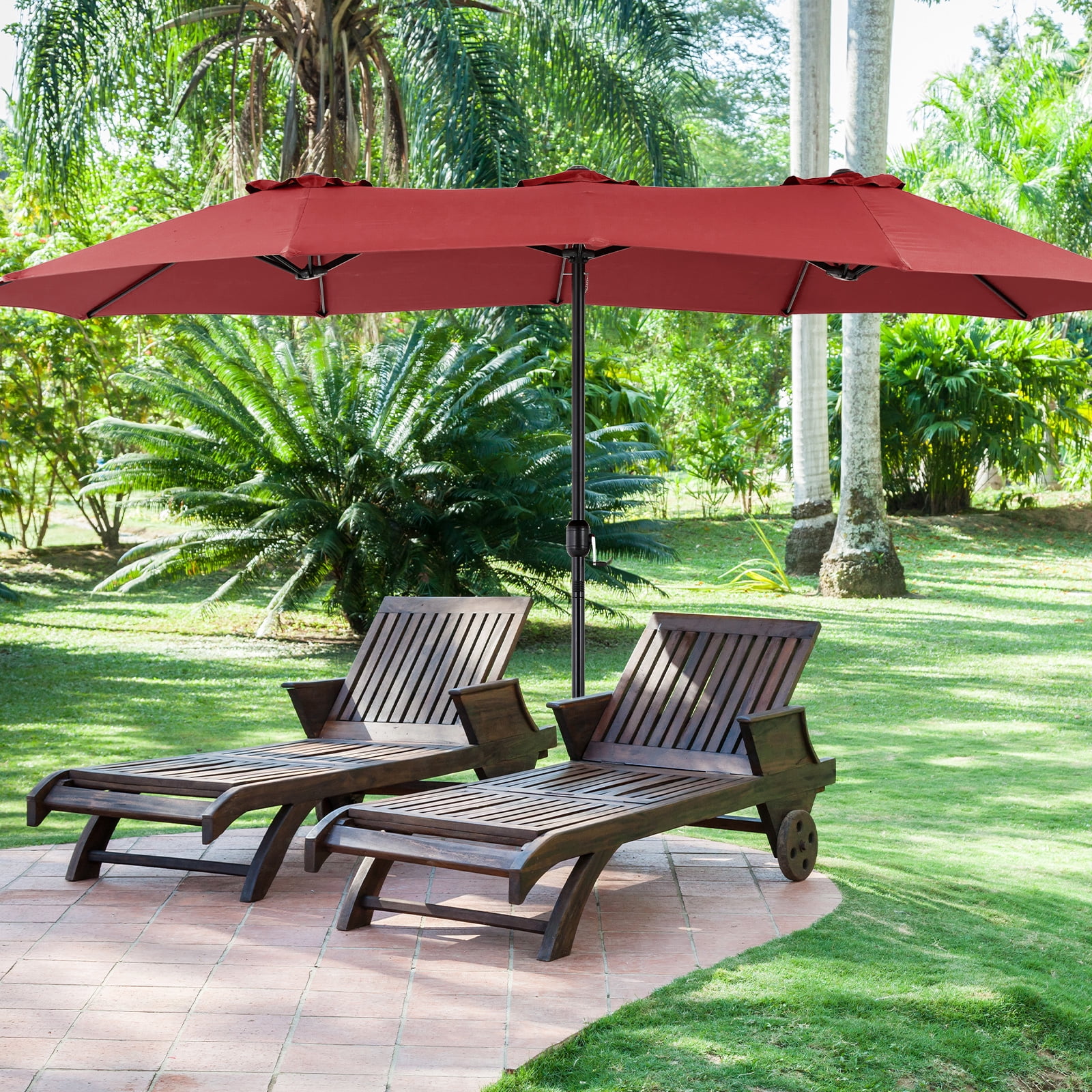 JOINSUN 15ft Outdoor Patio Umbrella with Base - Double-Sided Rectangular Market Umbrella for Poolside and Backyard, Red