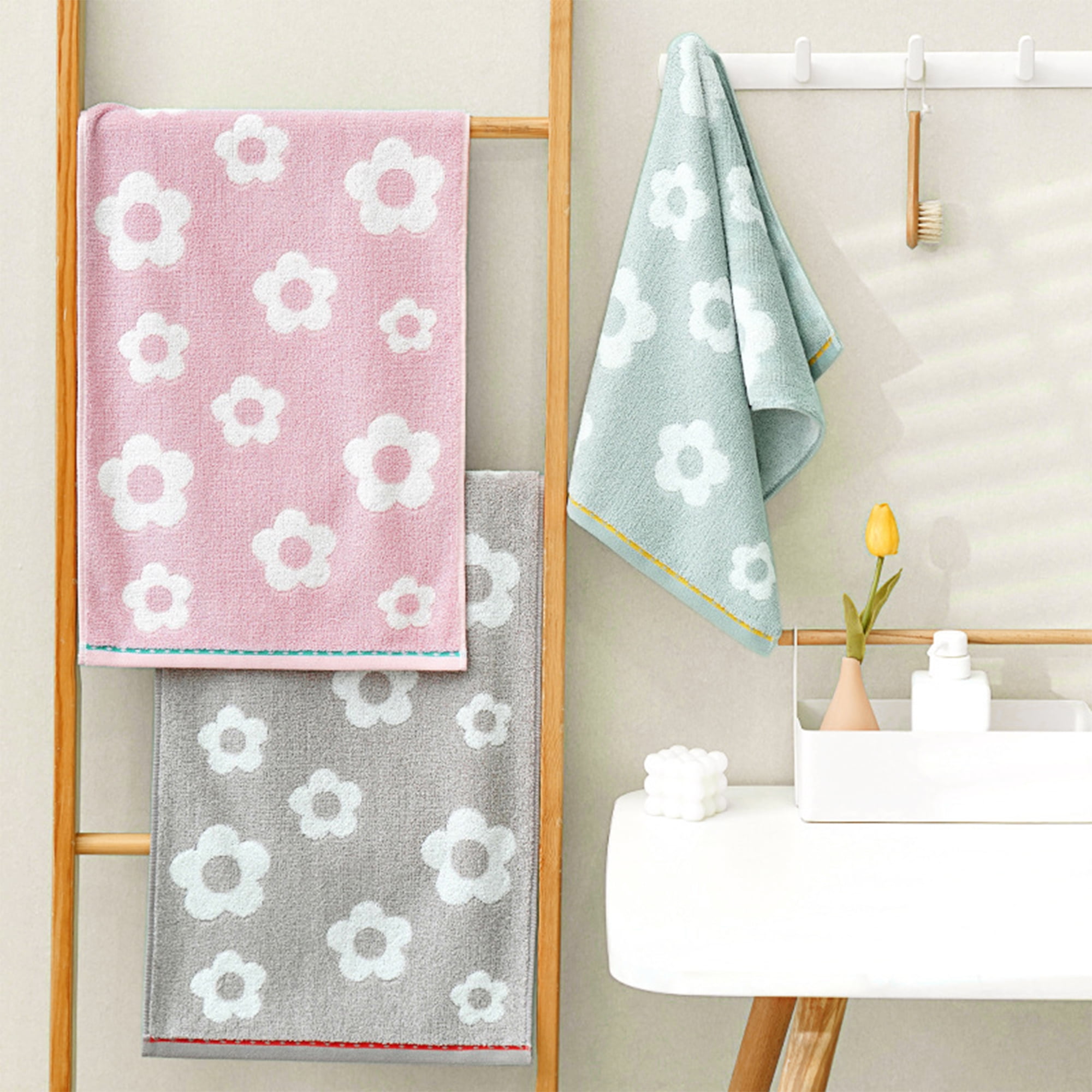 Unique Bargains Cute Floral Soft Hand Towel 4 Pcs Pink/White 14" x 30"/13" x 29"