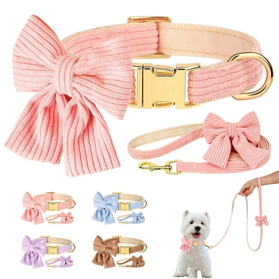 Didog Cute Bow Tie Velvet Dog Collar and Walking Lead Adjustable for Small Large Dogs