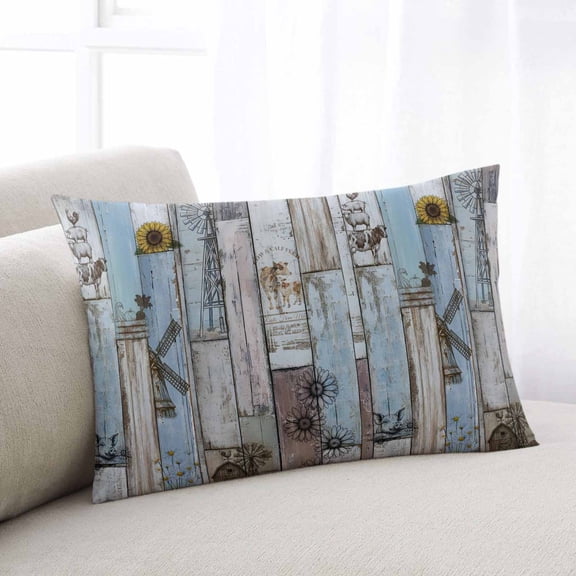 Blue Grey Wooden Throw Pillow Covers, Farmhouse Barn Sunflowers Retro Soft Breathable Pillow Cases with Invisible Zipper for Sleeping, Standard Pillowcases for Couch Bed Sofa Chair 20x26 Inches