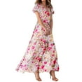 thumbnail image 2 of Karight Robe Longue en Mousseline à Fleurs pour Femme, Été, à Volants, Manches Courtes, Robe Maxi, Col en V, Fluide, Bohème, Plage, Fête, 2 of 8