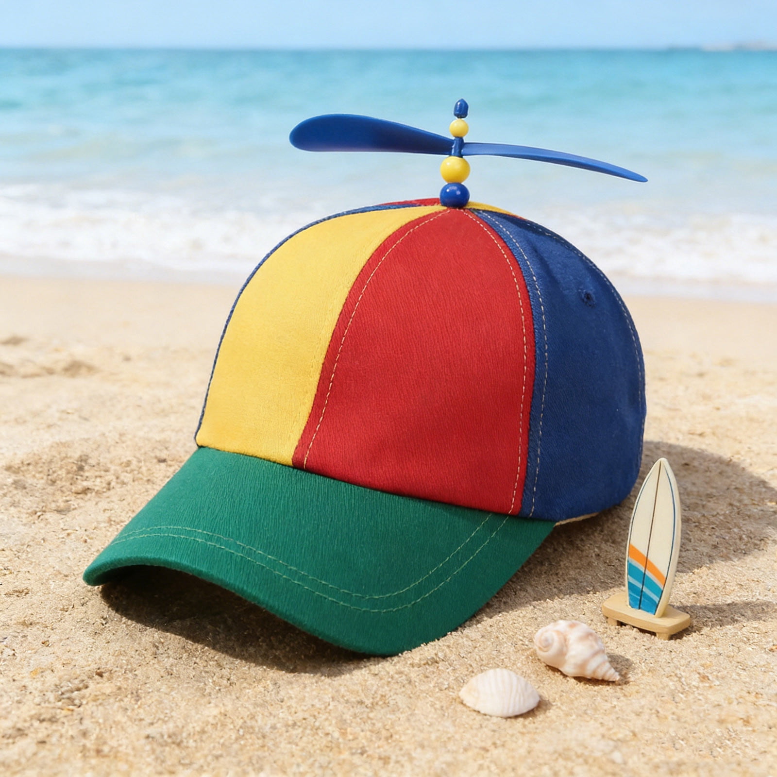 HCBY Novelty Propeller Baseball Hat with Spinning Helicopter Top, Color Block, Adjustable, Curved Brim, Funny Party Cap for Cosplay & Photo Prop