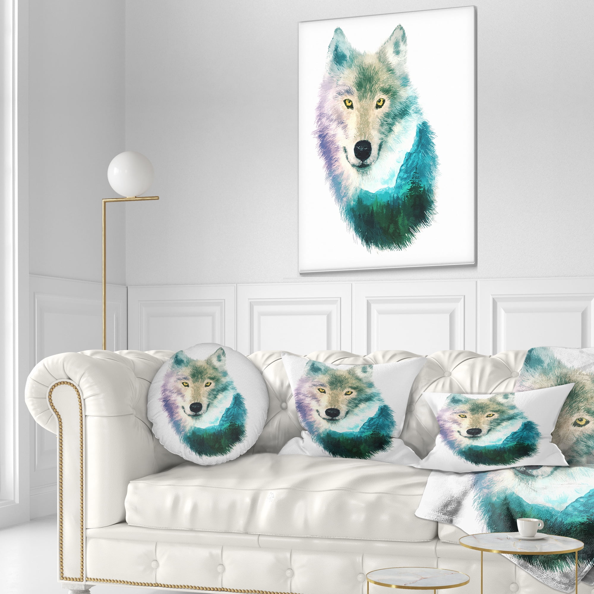 Designart Wolf Head Double Exposure Drawing - Animal Throw Pillow - 12x20