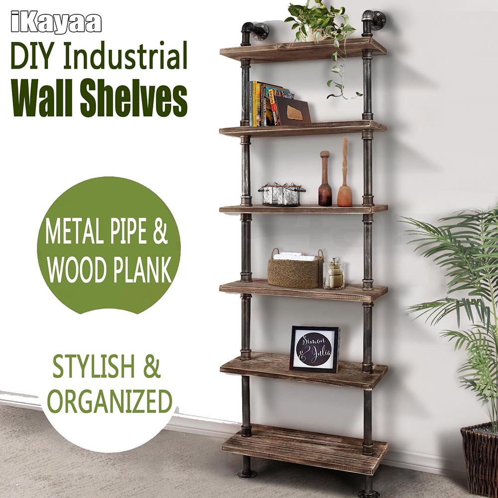 iKayaa 6Tier Rustic Industrial Iron Pipe Wall Shelves W/ Wood Planks