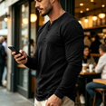 thumbnail image 4 of Men's Crew Neck Chest Pocket Long Sleeve Shirts Loose Fit Soft Breathable Solid Color Daily Casual Layering Top For Male, 4 of 8