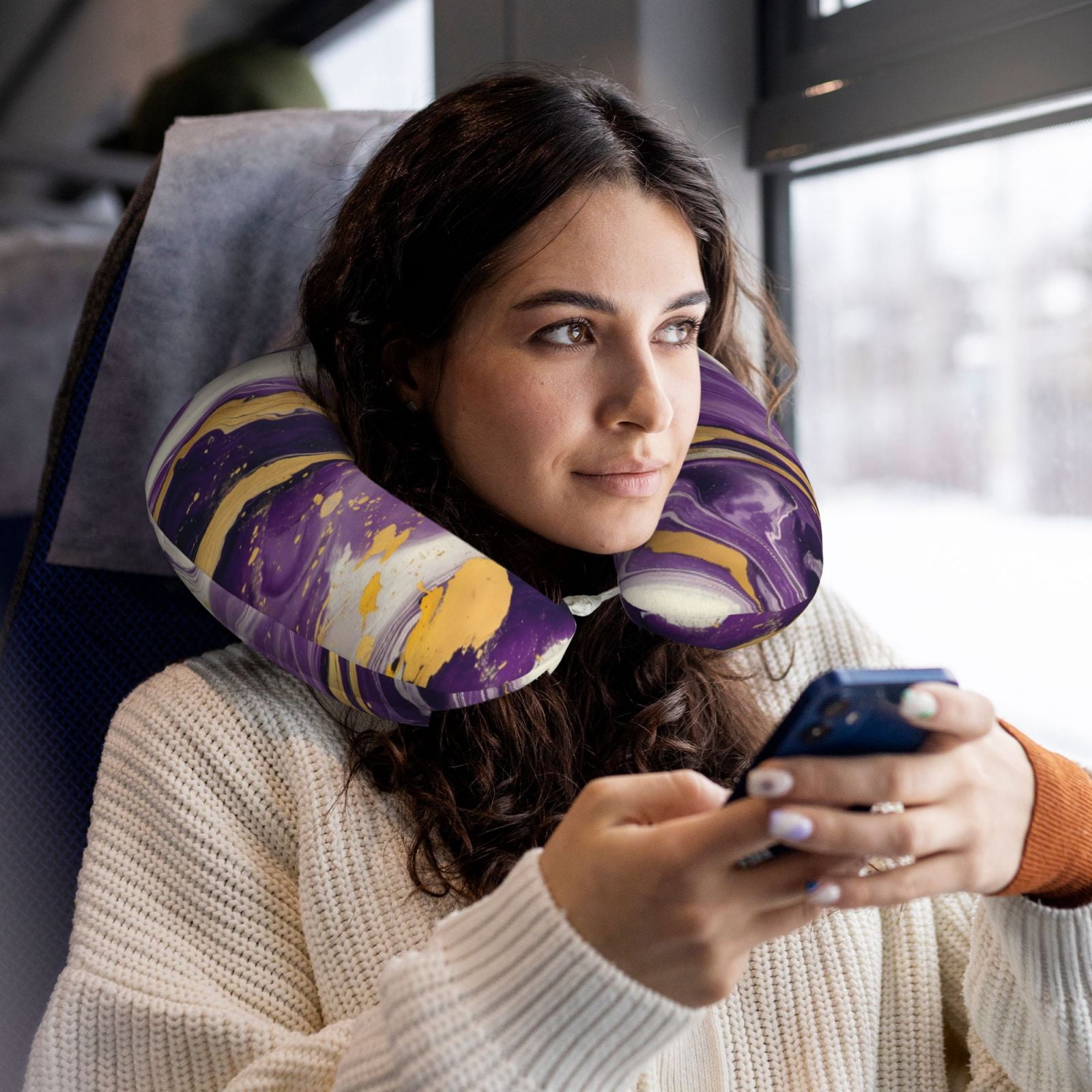 Xecao Purple Gold Marble Swirls Print Memory Foam Cervical Neck Pillow Versatile U-Shaped Pillows for Home,Office,Camping,Travelling,Soft Washable Cover