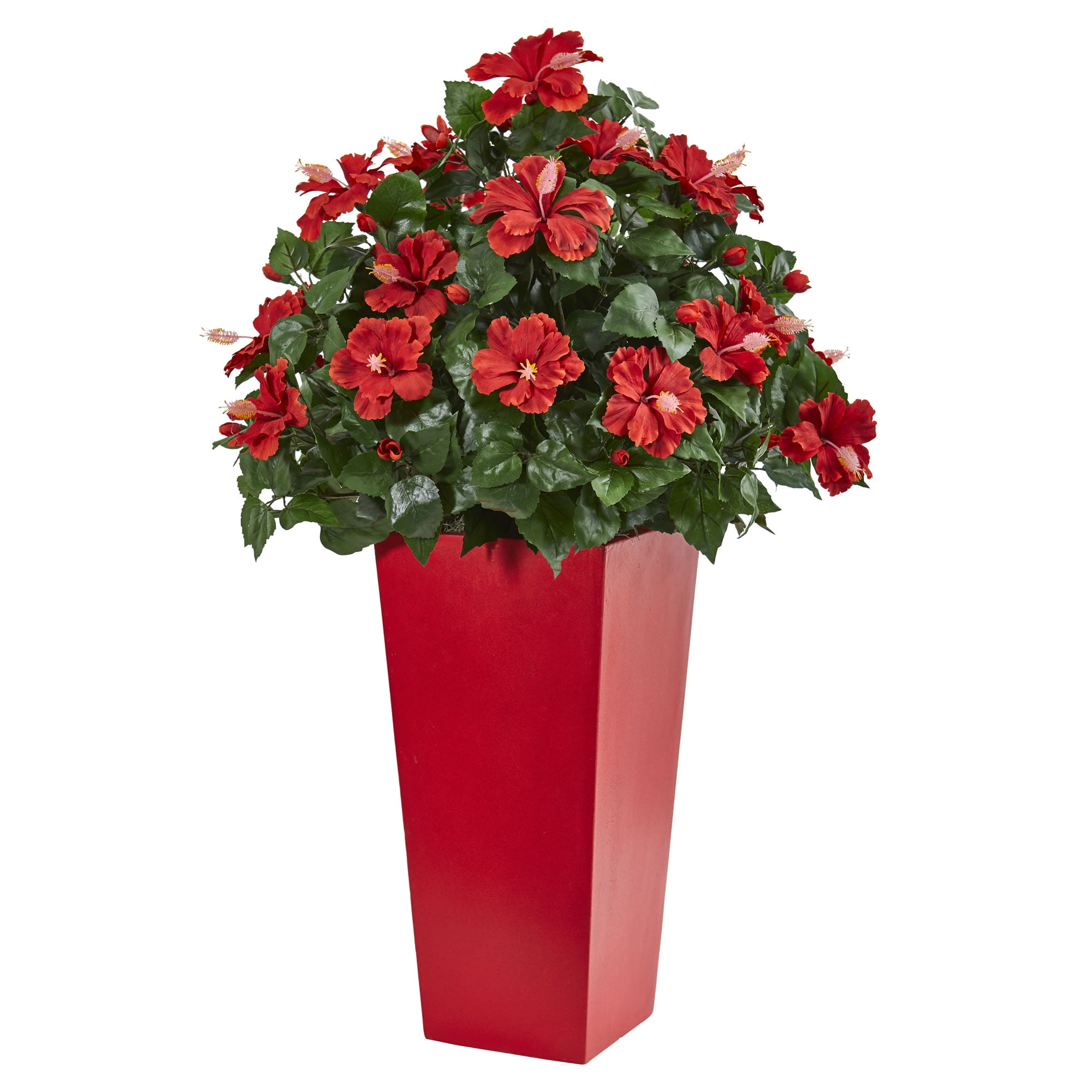 Nearly Natural 3 ft. Hibiscus Artificial Plant in Red Planter