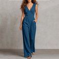 thumbnail image 2 of Jumpsuits for Women Cotton Sleeveless V Neck High Waist Slimming Jumpsuit Casual Fashionable Solid Color Loose Wide Leg Romper Jumpsuit with Pocket, 2 of 7