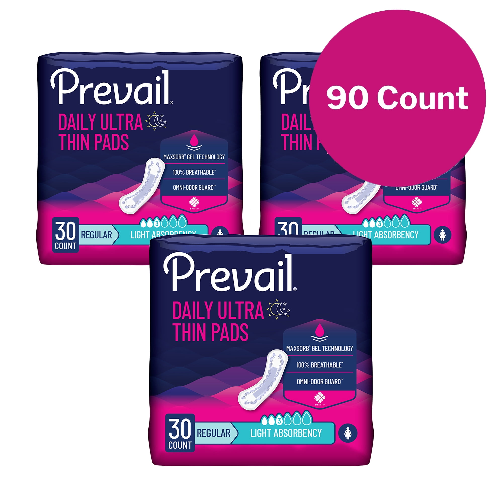 Prevail Daily Ultra-Thin Pads for Female Incontinence, 9 1/4 in, 30 Count, 3 Packs, 90 Total