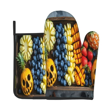 

KLL Halloween Fruit Platter Pattern Oven Mitts and Pot Holders 2pcs Sets for Kitchen Oven Mitt Heat Resistant 536°F Oven Gloves for Kitchen Cooking and Baking