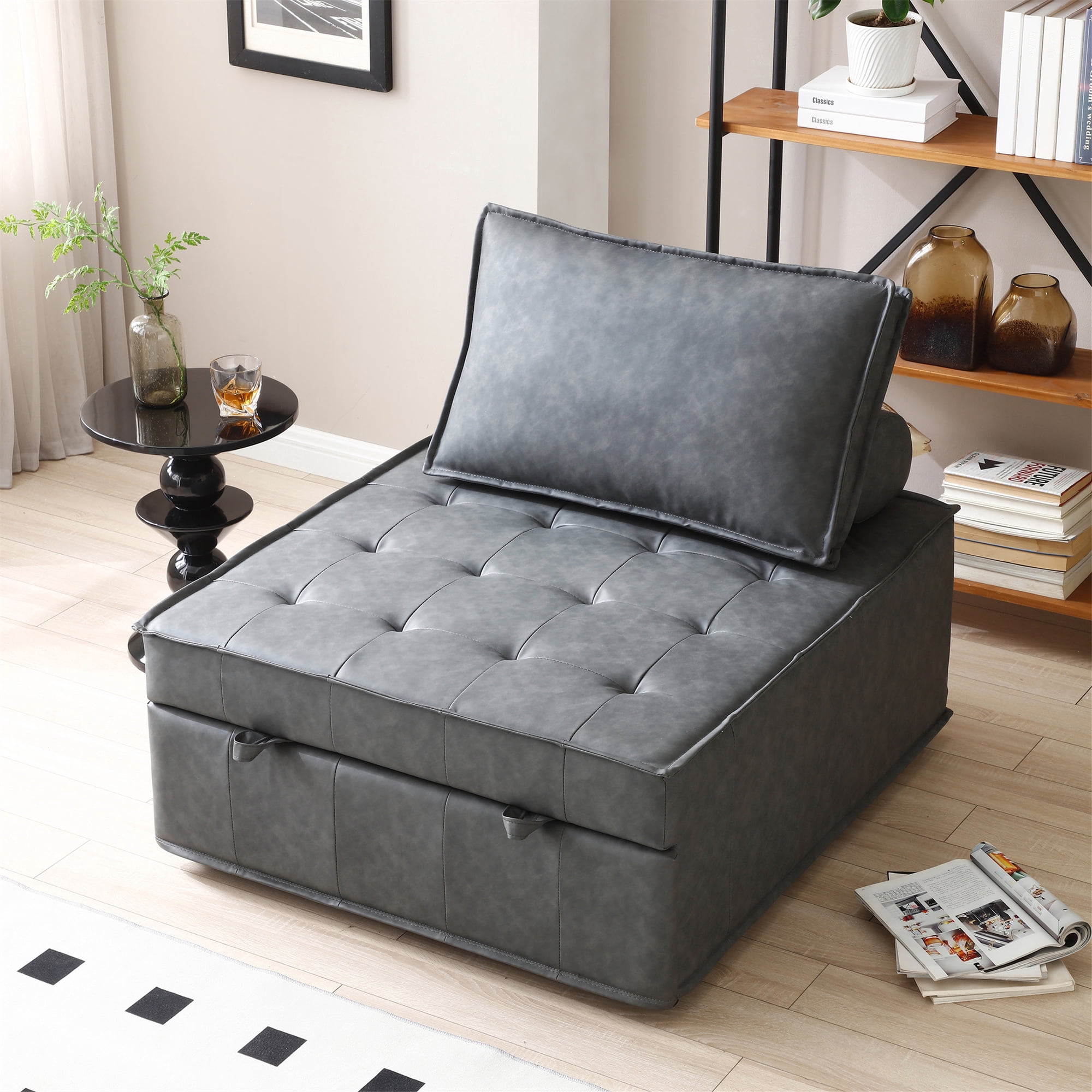 Aukfa 78" Chaise Futon Oversized Pull Out Sleeper Chair Bed for Home Office, Leather, Gray