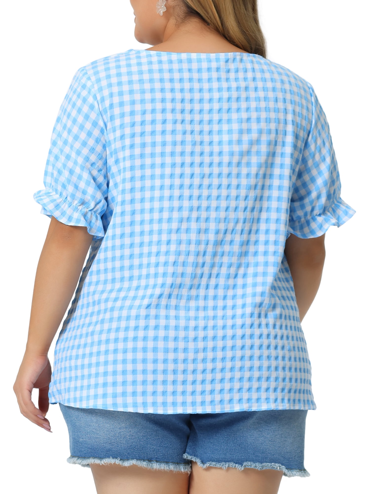 DARING DIVA Women's Plus Size Sweetheart V Neck Puff Short Sleeve Blouse 6X Blue
