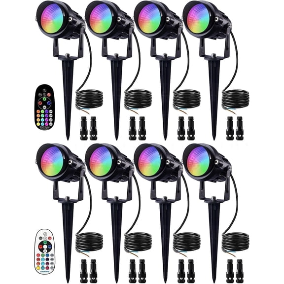 SUNVIE Christmas 12W RGB Color Changing Landscape Lighting Low Voltage LED Outdoor Spotlight Waterproof Garden Pathway Decorative Lights, 8 pack