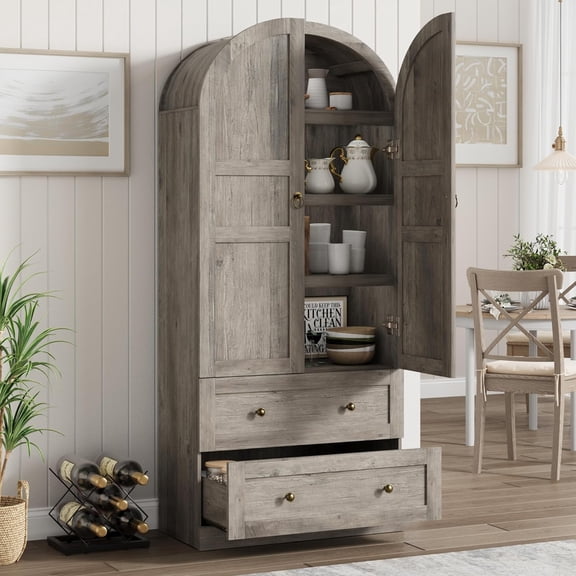 72" Tall Arched Kitchen Pantry Cabinet, Farmhouse Wood Pantry Storage Cabinet with 2 Large Drawers, Wood Door, Freestanding Versatile Pantry Cabinets for Dining, Living Room
