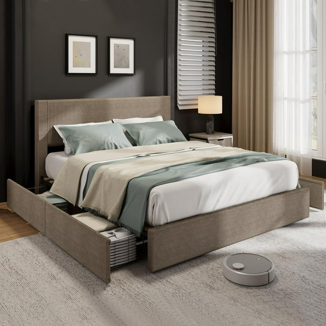 Upholstered Bed Frame with 4 Drawers, Platform Storage Bedframe, Corduroy Channel Tufted Headboard, Wooden Slats Support, No Box Spring Needed