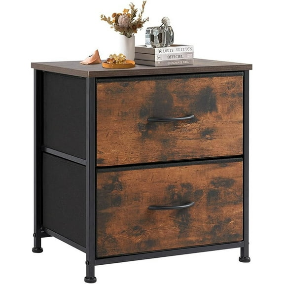 Sybels 20" Tall Bedside Table with 2 Fabric Storage Drawers, Compact Night Stand Dresser with Wooden Top for Bedroom, Dorm Room,Rust(2Pack)