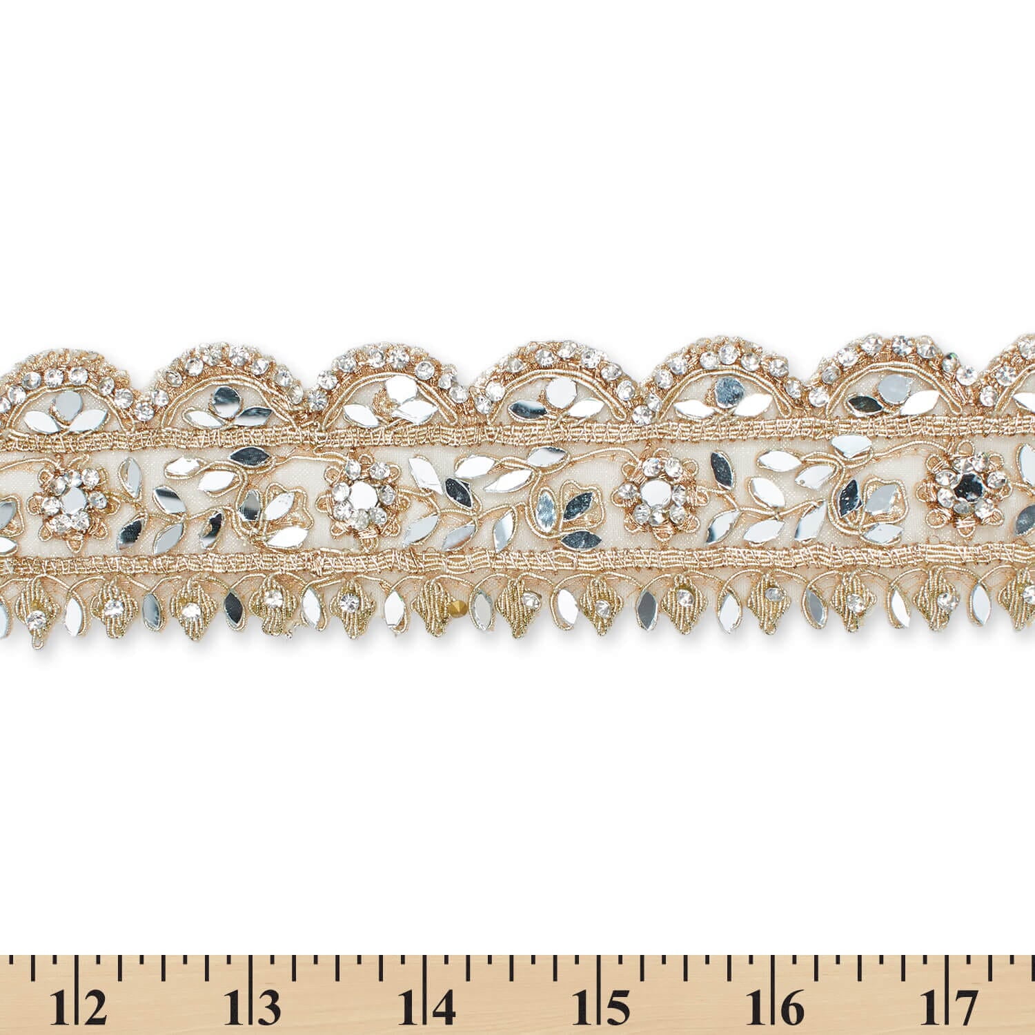 Lace Trim 2 in. Mirror Diamond Rhinestone Reflective Metallic Cording On Sheer Polyester Mesh - Champagne (1 Pack, 9.8 Yards)