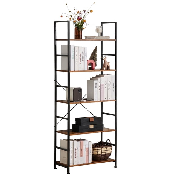 LIFERECORD Adjustable 5-Tier Metal Storage Shelf, Versatile Bookcase Organizer Rack for Home and Office, Brown