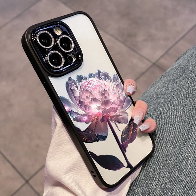Funda de teléfono con protección de lente de diamante de loto brillante, antiadherente, resistente a caídas y suciedad, para iPhone 14, 13, 12, 11 Pro Max Plus Fivean unisex