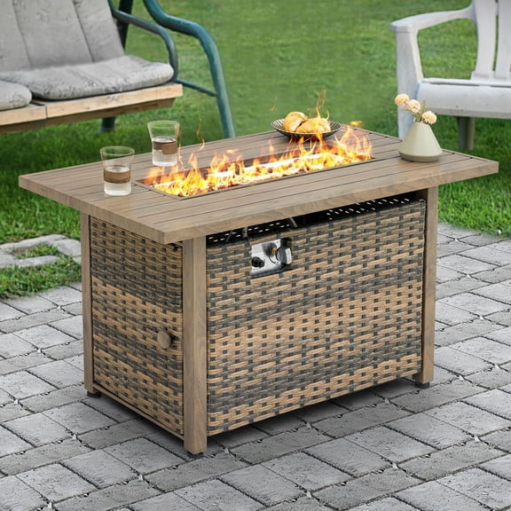 Nuu Garden 43" Propane Gas Fire Pit Rattan Outdoor Fire Pit Table, Smokeless Gas Fire Pit with Lid and Glass , All-Metal Frame Patio Fire Pit Table for Outside Patio Backyard Garden, Brown