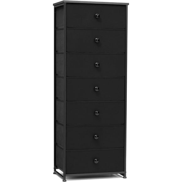 Tall Dresser, 7-Drawer Fabirc Storage Tower, Chests of Drawers - Vertical Organizer Unit for Bedroom, Hallway, Entryway, Nursery, Closets - Steel Frame, Wood Top & Handles (Black)