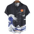 thumbnail image 4 of Camisa hawaiana de manga corta con estampado 3D de olas para hombre, informal, versátil, retro, minimalista, con solapa y botones para vacaciones en la playa, 4 of 5