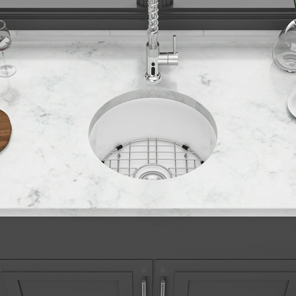 Izzovium 18 Inch Dual Mounted Single Bowl Ceramic Kitchen Sink, White Circular Farmhouse Sink with Drain Assembly & Bottom Grid, Undermount/Top Mount, 18x18x9 Inches