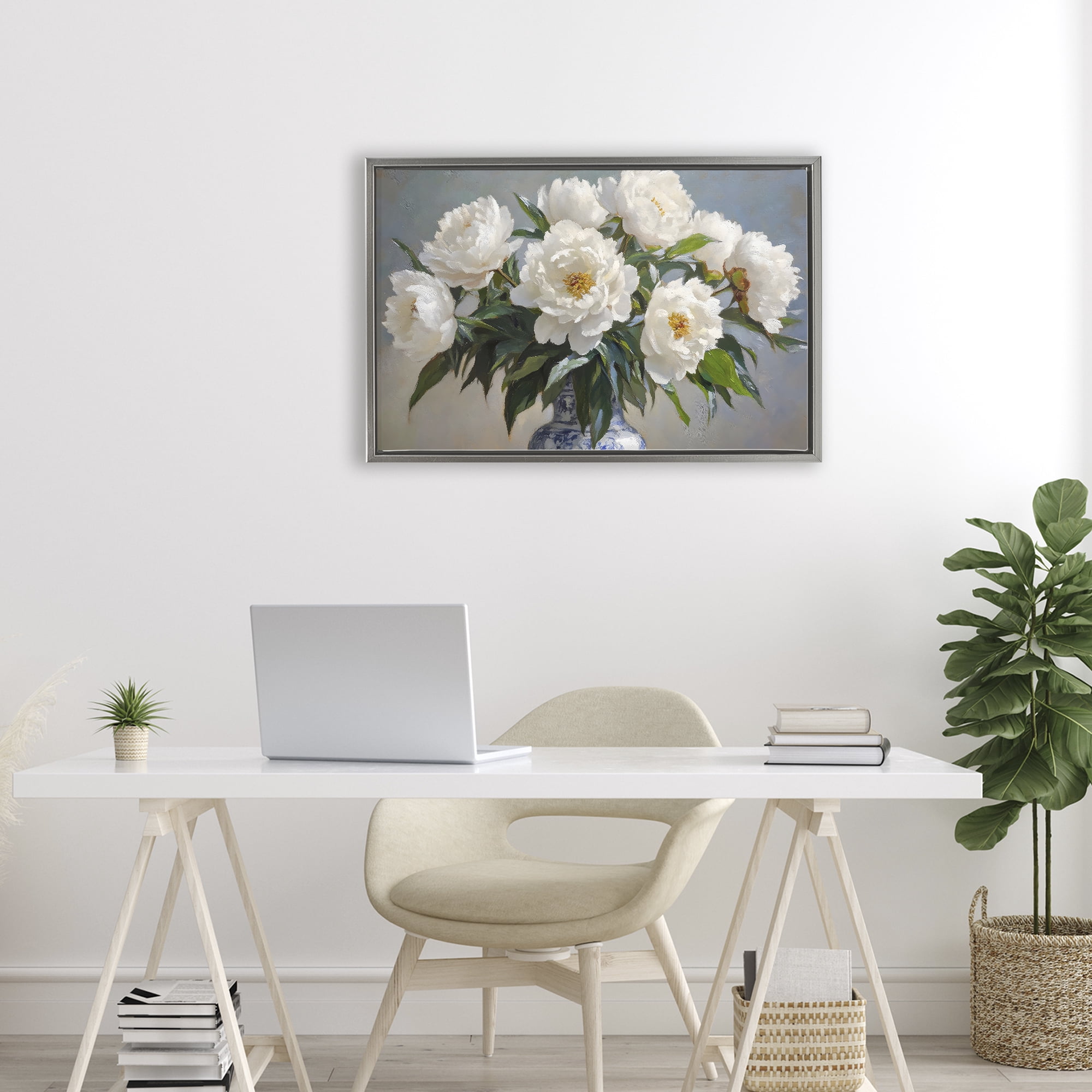Stupell Industries In Full Bloom White Peonies Gray Framed Floater Canvas Wall Art, design by Petal Prints Design