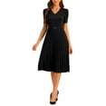 thumbnail image 2 of INSPIRE CHIC Women's Dress Work V-Neck Short Sleeve Below Knee Belted A-Line Pleated Dress XS Black, 2 of 6