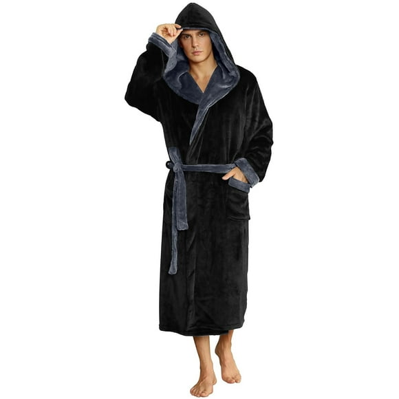 U2SKIIN Peignoir en Molleton pour Homme avec Capuchon, Peignoir Mi-Long en Peluche à Col Châle Bicolore, (Noir/gris Foncé, L-TG)