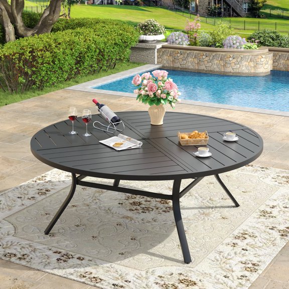 VOXBIN Round Patio Table with Adjustable Umbrella Hole, All Weather Metal 59.8" Outdoor Table, Black