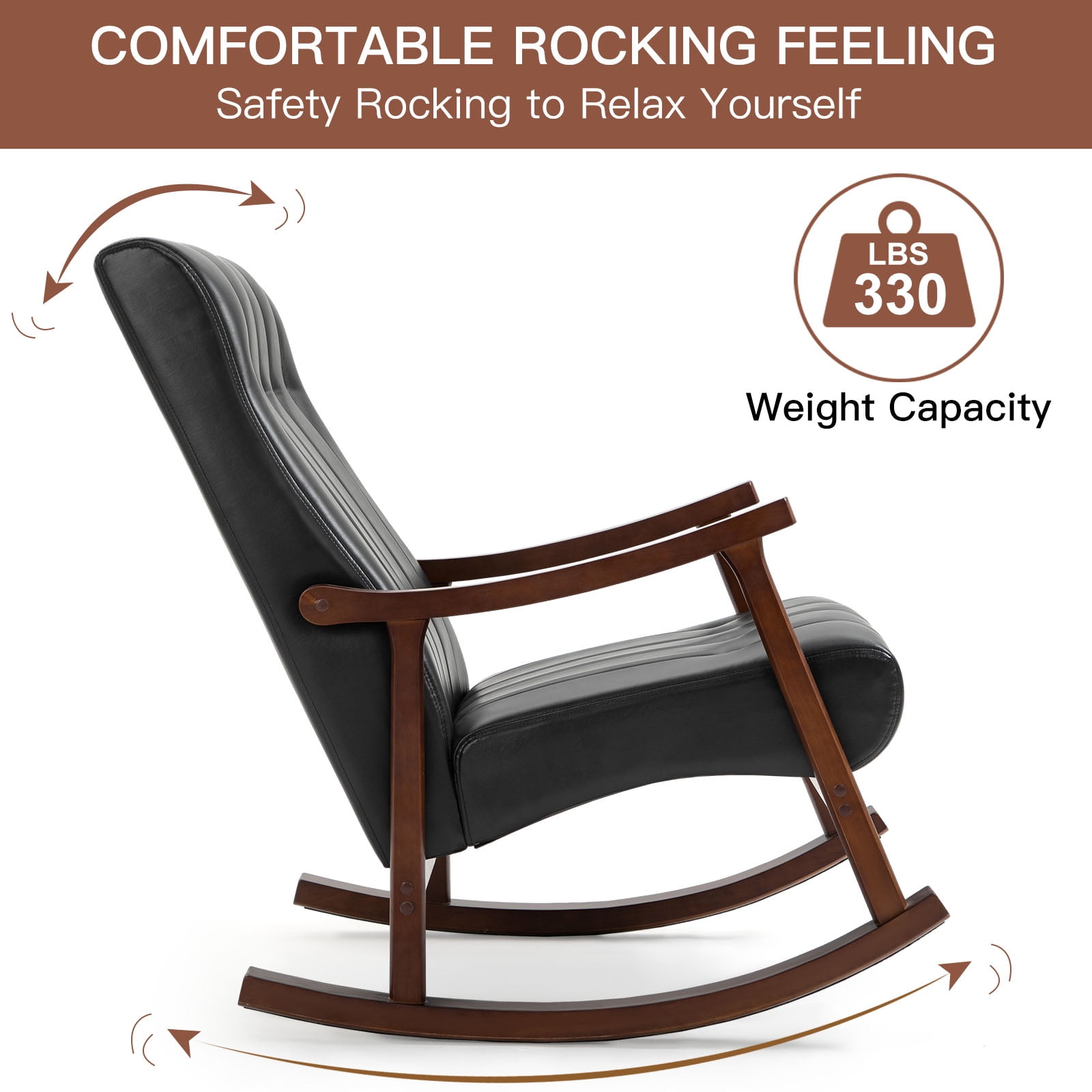 AVAWING Upholstered Rocking Chair, Modern High Back Armchair, Adult Single Sofa, Old Man Chair, Black
