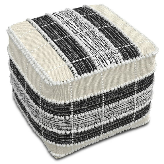 Simpli Home Barley Boho Square Pouf in White, Beige, Black Polystyrene Filling