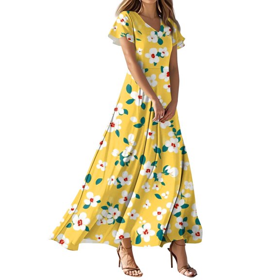 NAMTYQX Dresses for Women 2025 Casual Spring Chiffon Floral High Waist Dresses for Women 2025 Casual Summer Yellow Size 2XL