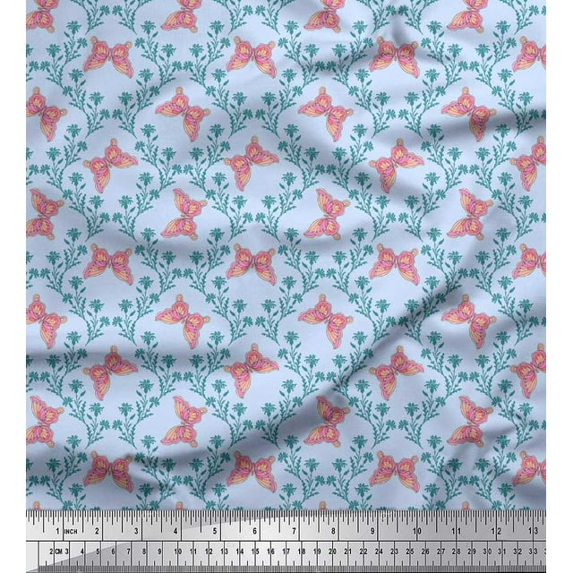 Soimoi Blue Georgette Viscose Fabric Flower & Butterfly Decor Fabric Printed BTY 42 Inch Wide